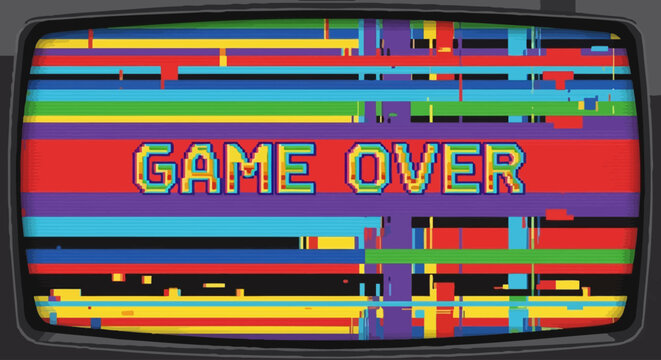 Retro television screen displaying pixelated 'GAME OVER' message with colorful static and glitch effects, evoking vintage video game aesthetics.
