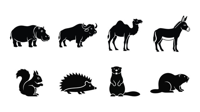A collection of diverse animal silhouettes including a hippo bison camel and several smaller creatures in black silhouette high quality professional