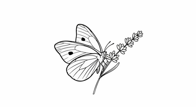 Detailed line art of a white butterfly with black dots on a lavender sprig