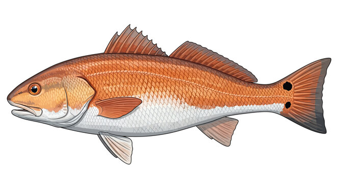 Illustration of a Red Drum fish, showcasing its distinctive reddish-bronze coloration and prominent black spots on its tail.