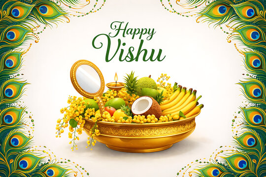 Decorative banner with peacock feathers and vishu kani arrangement to wish happy malayalam new year which is celebrated as one of sacred hindu festivals today