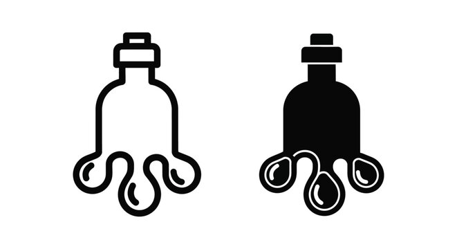 Potion bottle icon set, magical elixir in glass flask, vector illustration of liquid dripping from bottle