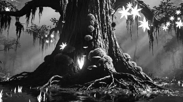 Mystical Swamp with Glowing Tree and Serene Water: Black and White Serenity in the Wilderness