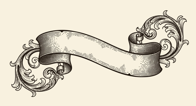 An ornate vintage banner with swirling decorative elements and a blank space for text.