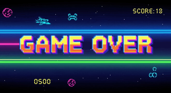 Retro pixel art "GAME OVER" screen from a classic arcade space shooter video game with neon lines and score display.