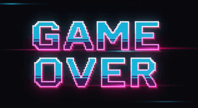 Retro pixelated neon 'GAME OVER' text with glowing blue and pink letters on a dark background, evoking a vintage arcade video game aesthetic.