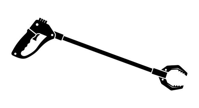 Black silhouette of a trash picker grabber tool used for collecting litter and maintaining cleanliness. Isolated on white background, ideal for cleaning and sanitation themes