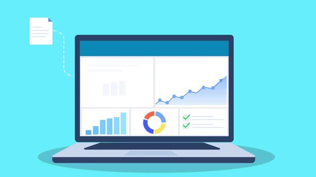 Flat animation of a laptop displaying analytics dashboard with document file import and rising charts, illustrating data processing, business insights, and performance monitoring.