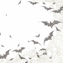 Fototapeta premium Vintage Hand Drawn Bats Border with Elegant Filigree Swirls and Gothic Flourishes on White Writing Paper Background