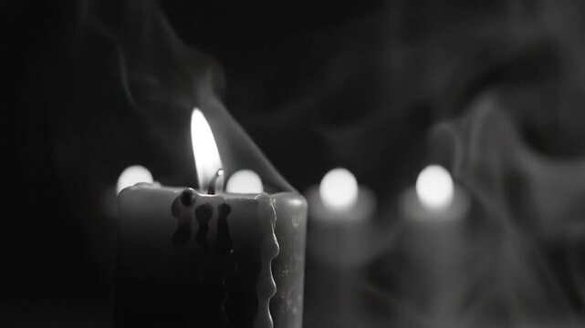Burning candle flame in dark background with smoke and blurry candles, close-up view
