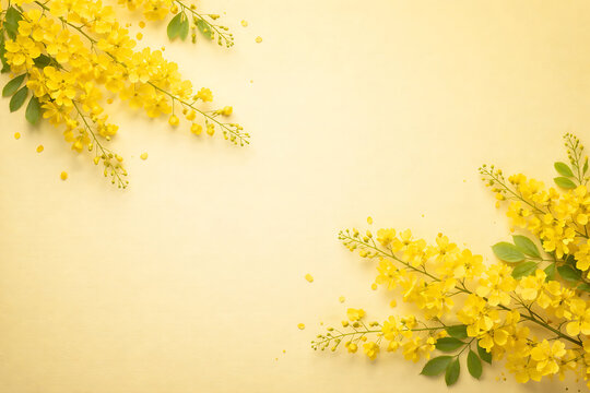 Golden yellow cassia fistula flowers arranged on a pastel background representing the spirit of vishu festival and malayalam new year among many hindu festivals traditions