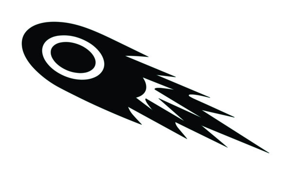 Stylized comet falling vector icon, black silhouette of a flying meteor with fire trail, minimalist celestial asteroid graphic for logo design