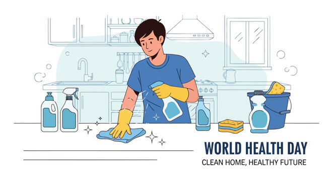 Young man cleaning kitchen counter for healthy home environment
