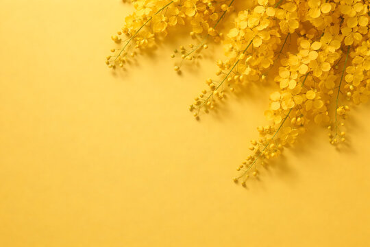 Beautiful yellow golden shower flowers or kanikkonna on solid yellow background used during vishu and malayalam new year and many other cultural and hindu festivals