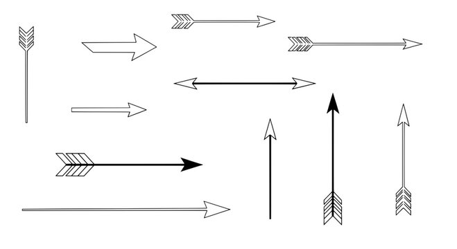Arrows hand drawn set with black curved lines and straight shafts and fletching featuring arrow, vector, illustration with white and gray elements