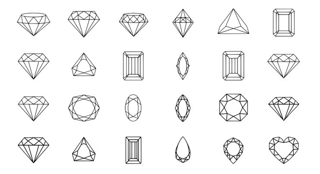 Gemstone cuts vector set with outline faceted shapes including diamonds, emeralds, marquise, oval, pear, and heart outlines.