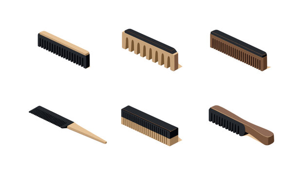 Set of six isometric grooming combs in various shapes and sizes, including wide-tooth and fine-tooth designs, isolated on white background