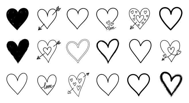 Hearts doodle drawn by hand with grunge scrawls and arrows featuring love, romance, valentine with heart and sketch elements for illustration, black