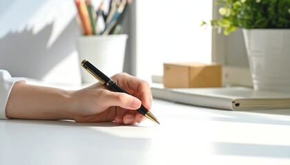 Fototapeta premium A person's hand writing with a pen on a white surface