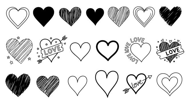 Hearts doodle drawn by hand with grunge scrawls and love messages featuring sketch, black and white, romantic with valentine and affection elements