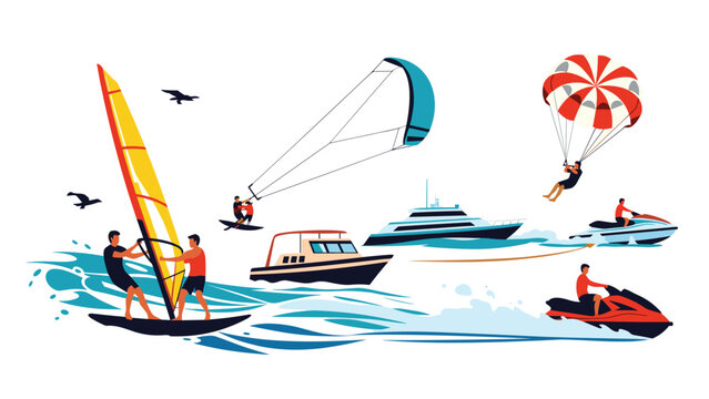 Collection of various water sports activities including windsurfing, kiteboarding, yachting, parasailing, and jet skiing on ocean waves.
