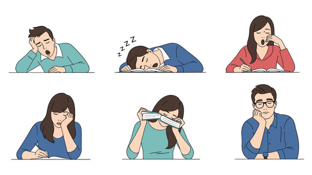 Set of six illustrations depicting tired and sleepy office workers or students yawning and resting their heads on desks.