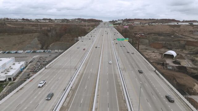 Aerial shot of traffic on a multi lane highway bridge