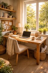 Fototapeta premium Beautiful cozy workspace with wooden desk large window sunlight home plants books and peaceful atmosphere