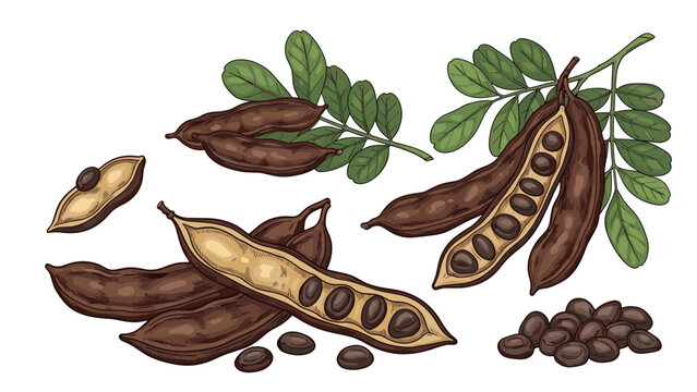 Detailed illustration of carob pods, green leaves, and dark seeds shows the natural source of carob powder and syrup.