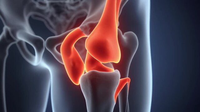 Medical illustration of human hip joint with bones highlighted in blue and red glow at joint, symbolic visualization of inflammation, arthritis, or injury.