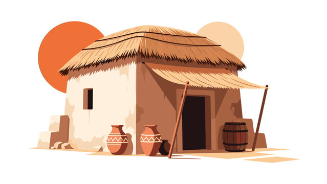 Traditional mud hut with a thick thatched roof stands in a desert landscape under the sun, accompanied by clay pots and a barrel.