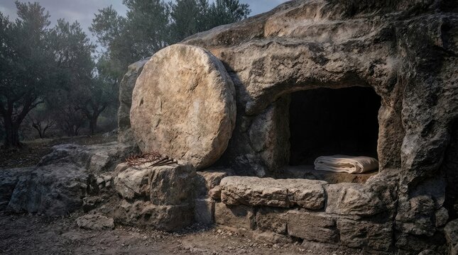Jesus empty tomb: risen savior, holy sepulcher, divine triumph, easter morning, faith belief, ancient grave, rock cavern, sacred place, redeeming hope, spiritual journey.