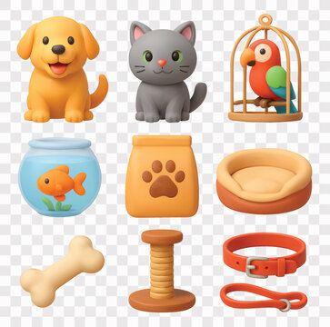 Pets and Accessories Vector Icon Set | 3D icon set | golden retriever, grey short hair cat, macaw parrot, goldfish bowl, pet food, a pet bed, dog bone, cat scratcher post, pet collar