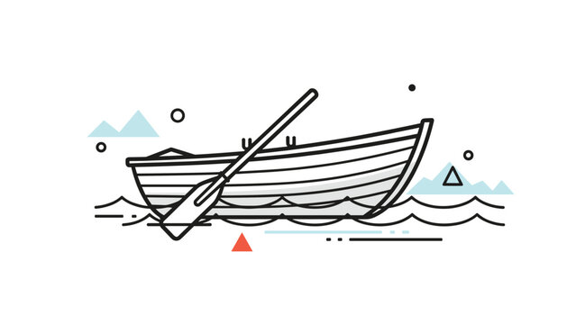Minimalist line art illustration of a wooden rowboat on gentle waves with abstract geometric shapes in the background.