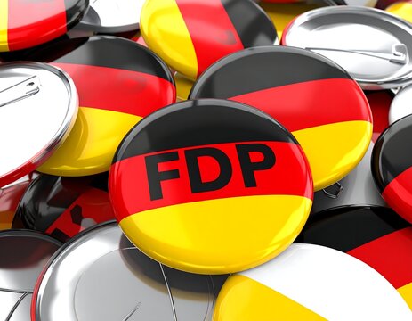 A collection of round badges with German flag colors and FDP text