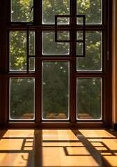 Fototapeta premium Window with a geometrical installation and sunlight on the wooden floor