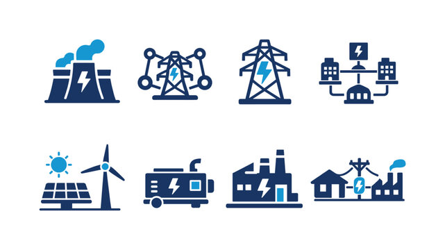 Set of blue energy and electricity icons showing power plant, transmission pylons, smart grid, solar panels, wind turbine, generator, factory, and home supply