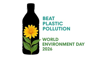 Fototapeta premium World Environment Day 2026 Concept with Plastic Bottle Silhouette and Flower, Beat Plastic Pollution Awareness Design