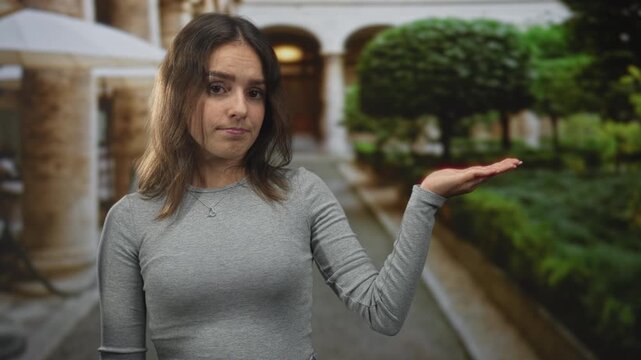 Woman young hispanic wearing gray top and heart necklace holds out hand palm up at a building entrance, presenting empty space; mild skepticism.