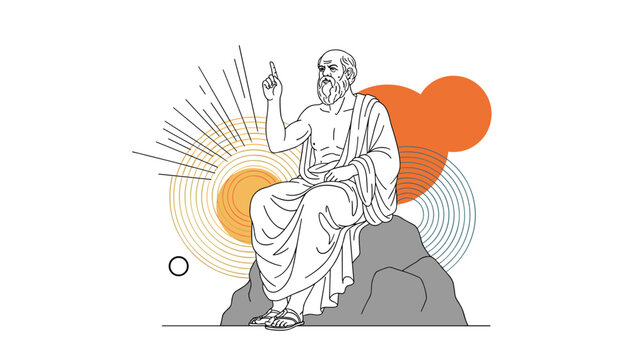 Artistic line drawing of an ancient Greek philosopher, possibly Socrates, sitting on a rock in a thoughtful pose.