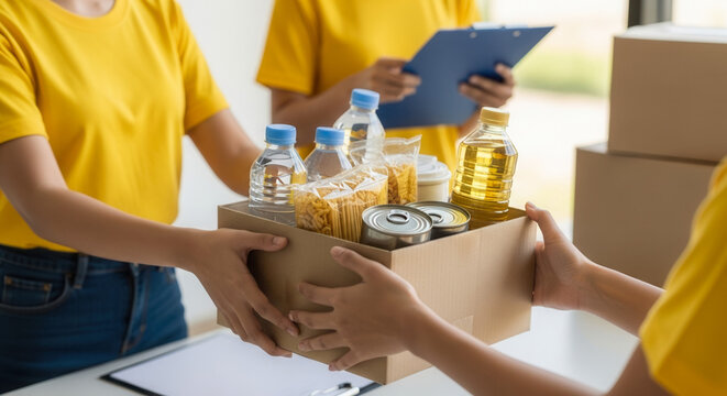 Asian female volunteer hands passing cardboard donation box with food items to another person, community support and volunteering at charity center