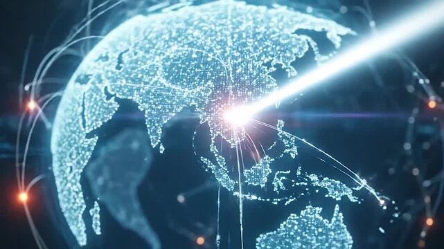 Digital glowing globe with interconnected lines representing global network connections and data flow
