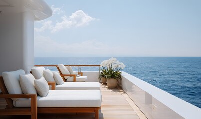 Obraz premium a yacht deck with an overhang, featuring outdoor seating and white cushions on the sunbeds