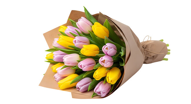 A vibrant bouquet of yellow and purple flowers wrapped in brown paper isolated on transparent background tulips flowers for mother's day father's day anniversary and other event