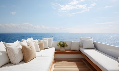 Obraz premium a yacht deck with an overhang, featuring outdoor seating and white cushions on the sunbeds