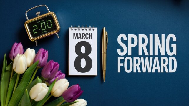 Spring Forward concept with a vintage alarm clock showing two o clock a March calendar a golden pen and fresh tulips on a deep blue background