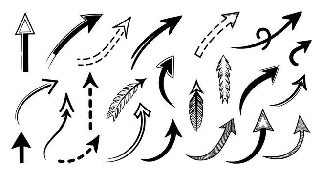 Arrows hand drawn set with various shapes and styles, including feathered and dashed lines. featuring graphic design, illustration, icon with symbol