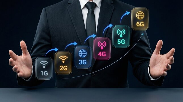 A businessman in a suit presenting the evolution of mobile network technology from 1G to 6G