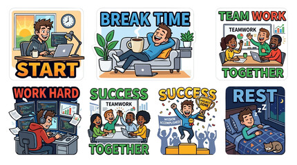 Fototapeta premium Daily Work Cycle Sticker Set with Professional Career Concept Showing Start Break Time Teamwork Together Work Hard Success and Rest for Office Employee Productivity and Project Achievement