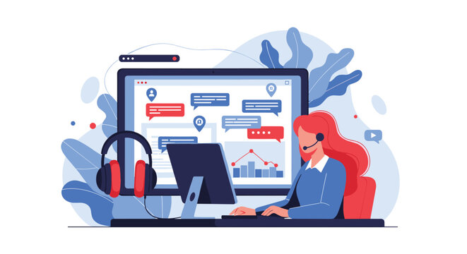 Professional female customer support agent wearing a headset works at her computer with chat bubbles and data graphs behind her.